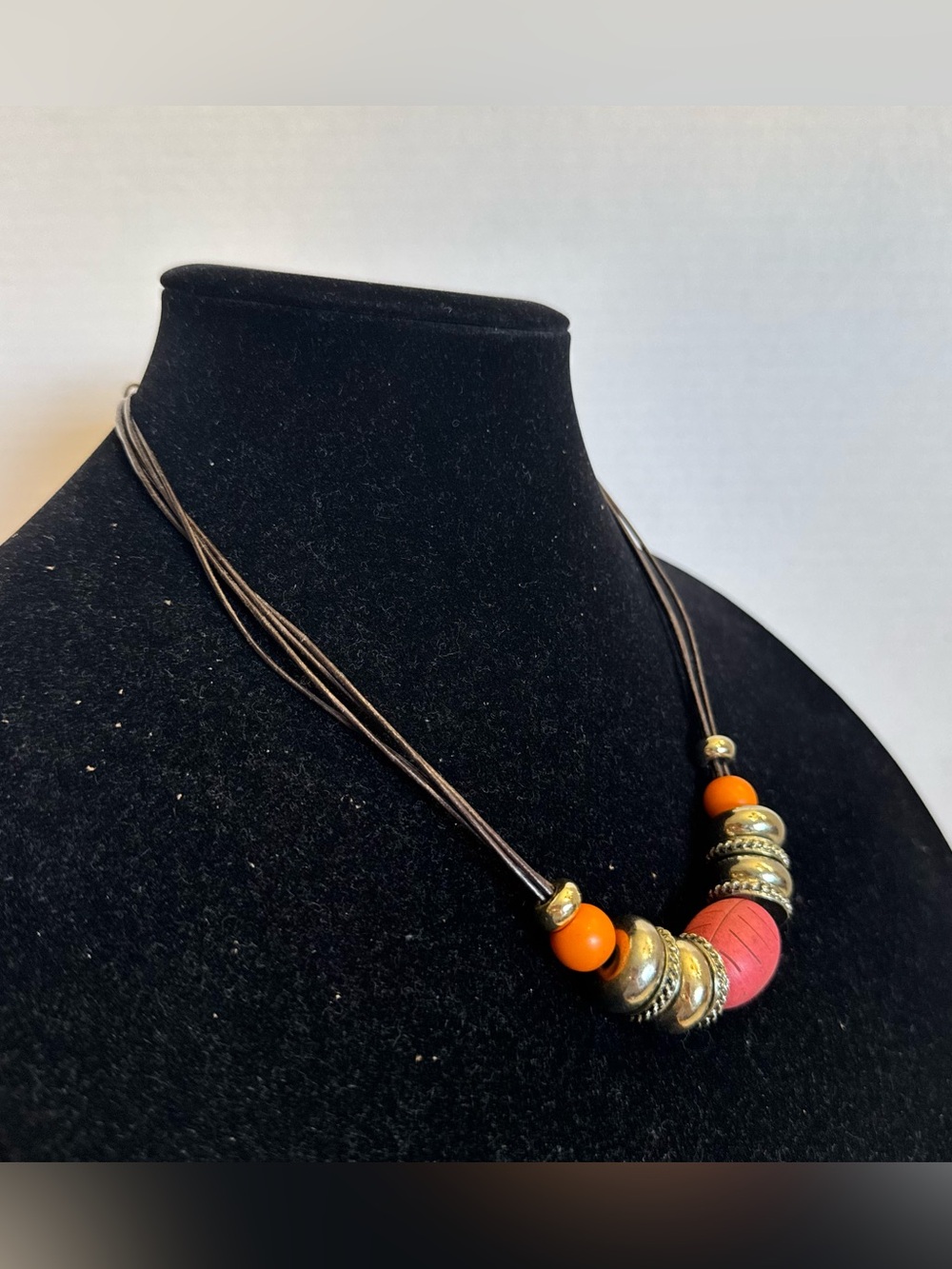 Chico's Necklace Orange Gold Beaded Chunky Leather Multi Stand Statement Jewelry - Picture 6 of 15